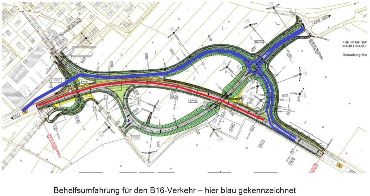 Plan Behelfsumfahrung B16 Höhenfreimachung ab 22.08.2024