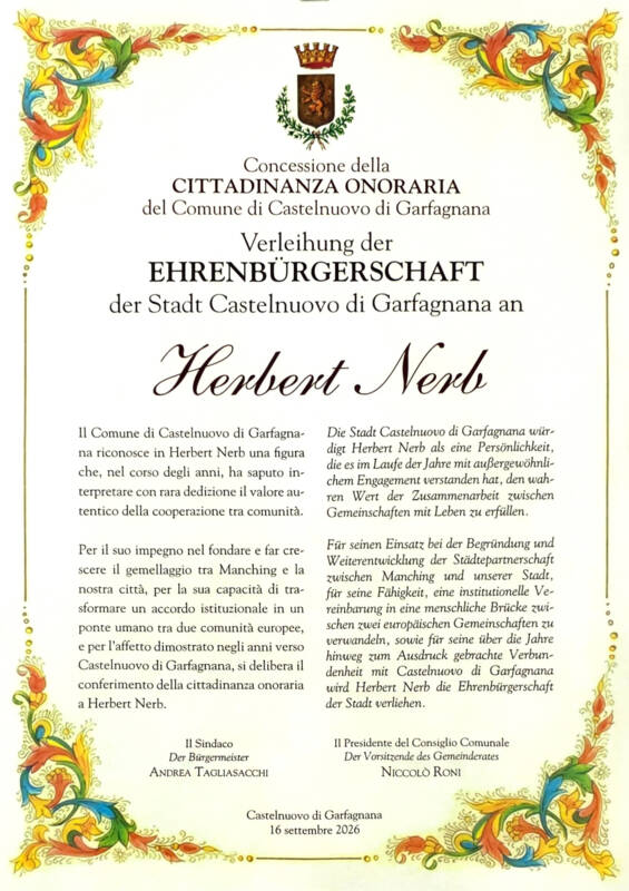 Ernennungsurkunde für Herbert Nerb Ehrenbürger von Castelnuovo di Garfagnana